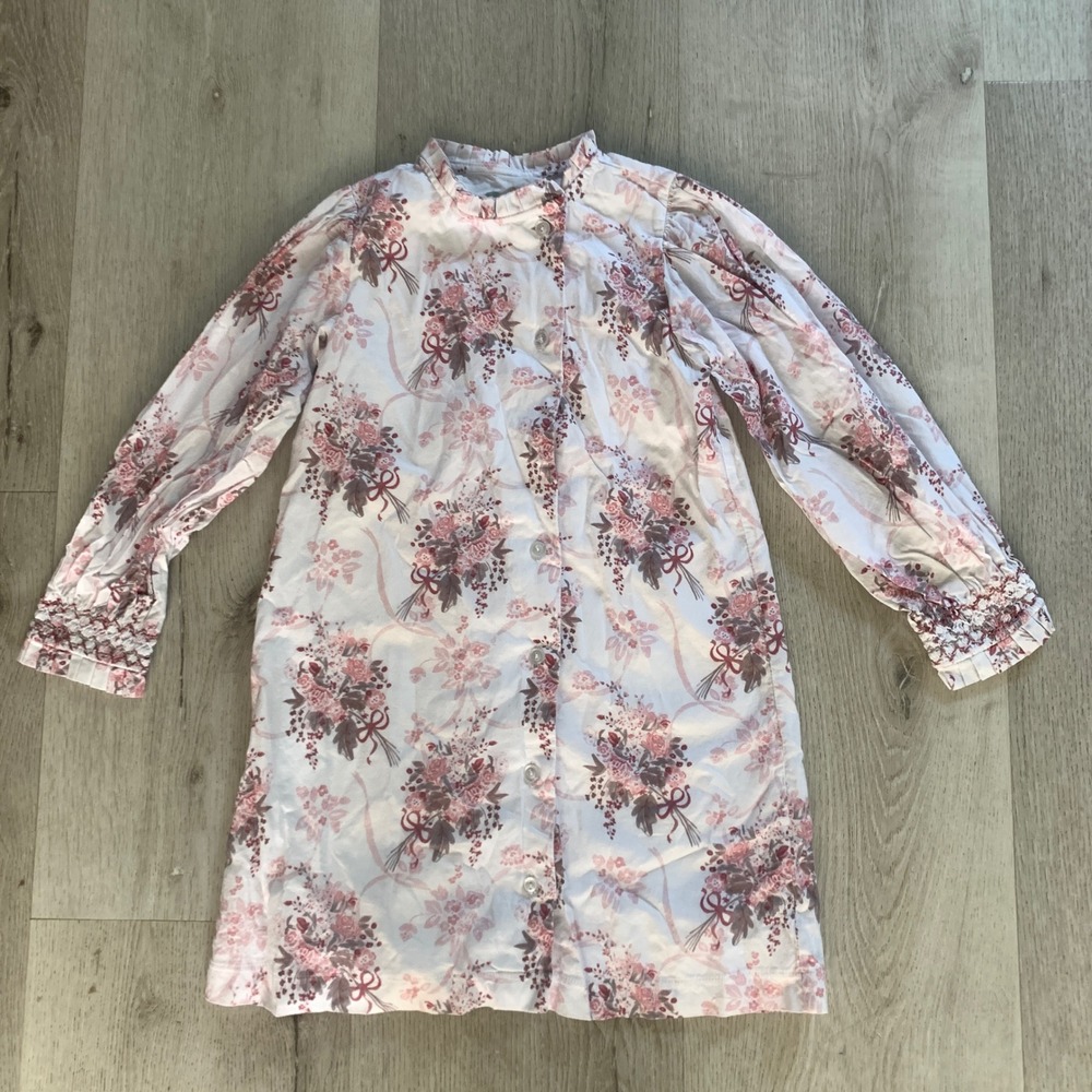 Sun House Childrens Floral‎ Button Down Dress Pink White Cotton Cottagecore Sz 6
